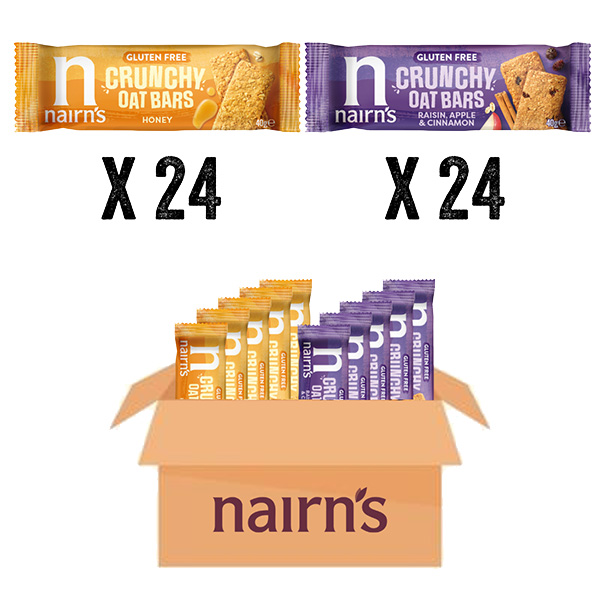 Nairns - Gluten Free Crunchy Oat Bars - Mixed Case (Honey& Raisin,Apple and Cinnamon) - 48x40g